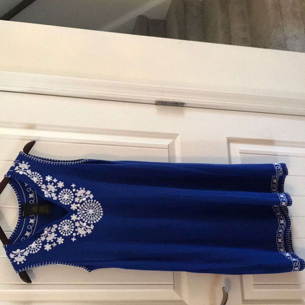 Cobalt blue dress with white patterned stitching